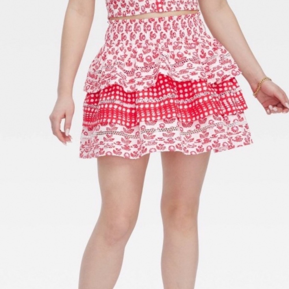 NWT Roller Rabbit x Target Red White Floral‎ Geo Star Tiered Mini Skirt Medium